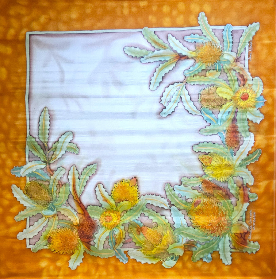 "Banksia Serrata" Hand painted square silk scarf by Jane Hinde.