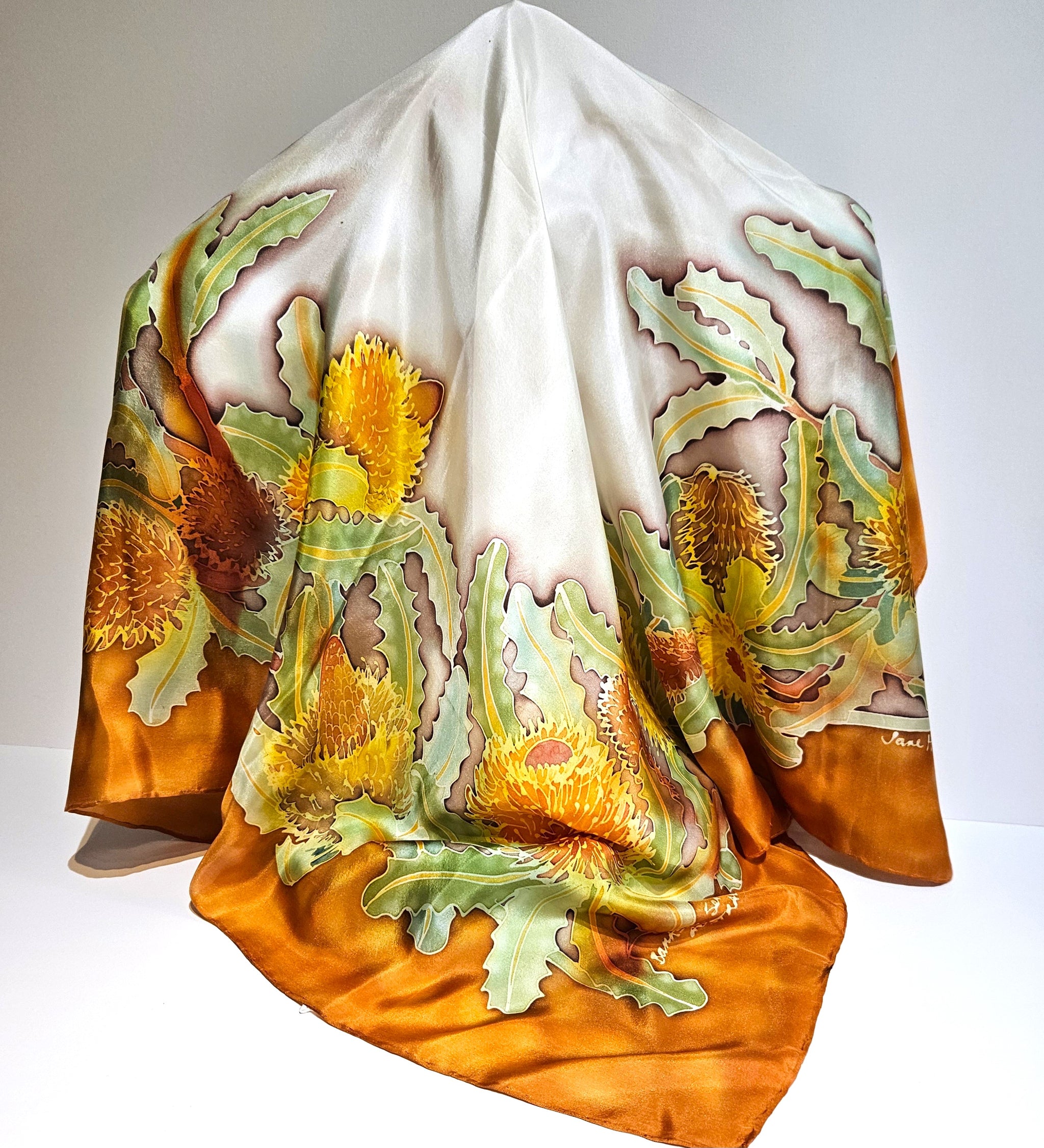 "Banksia Serrata" Hand painted square silk scarf by Jane Hinde.