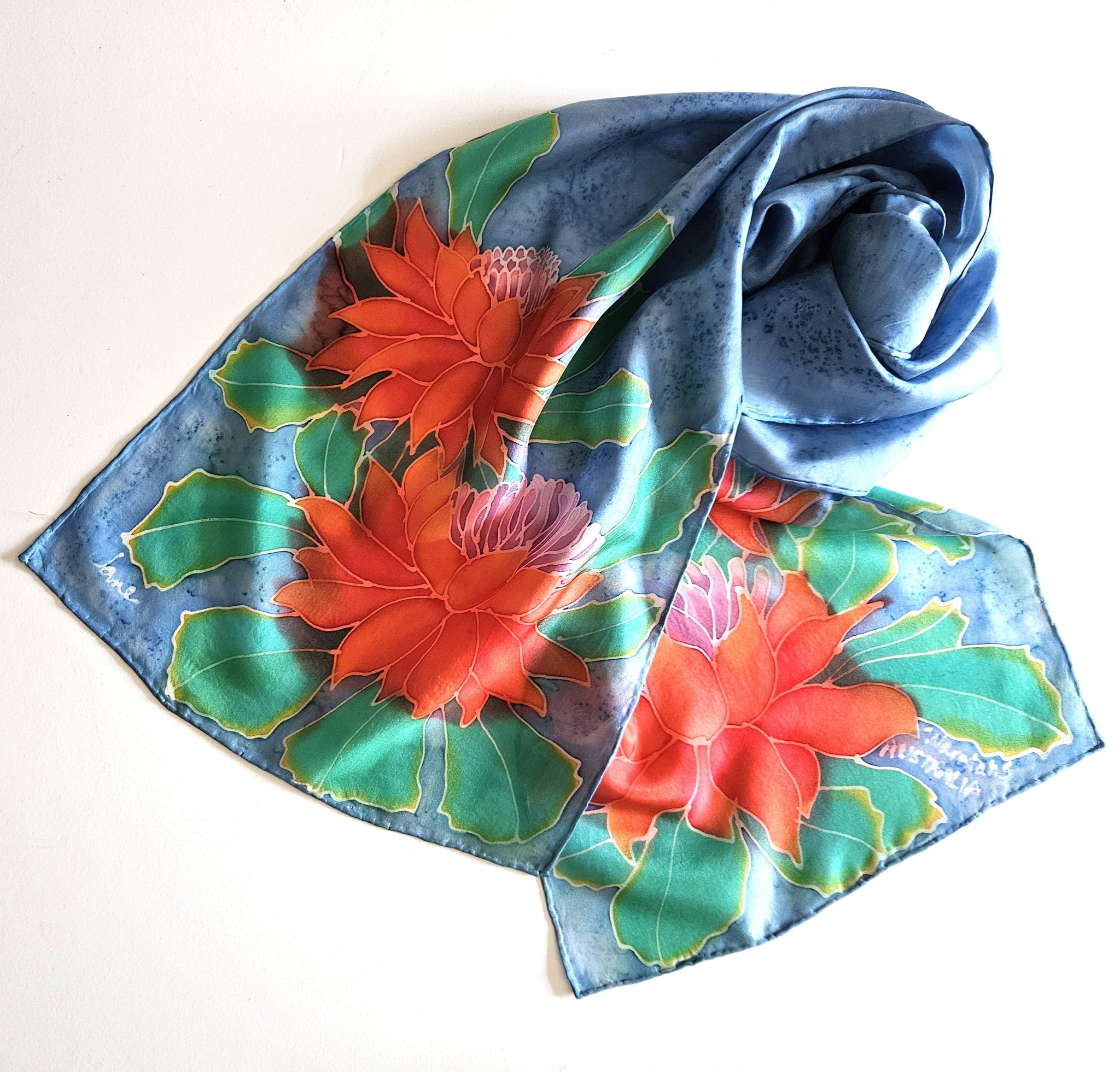 "Waratahs" hand painted long silk scarf by Jane Hinde