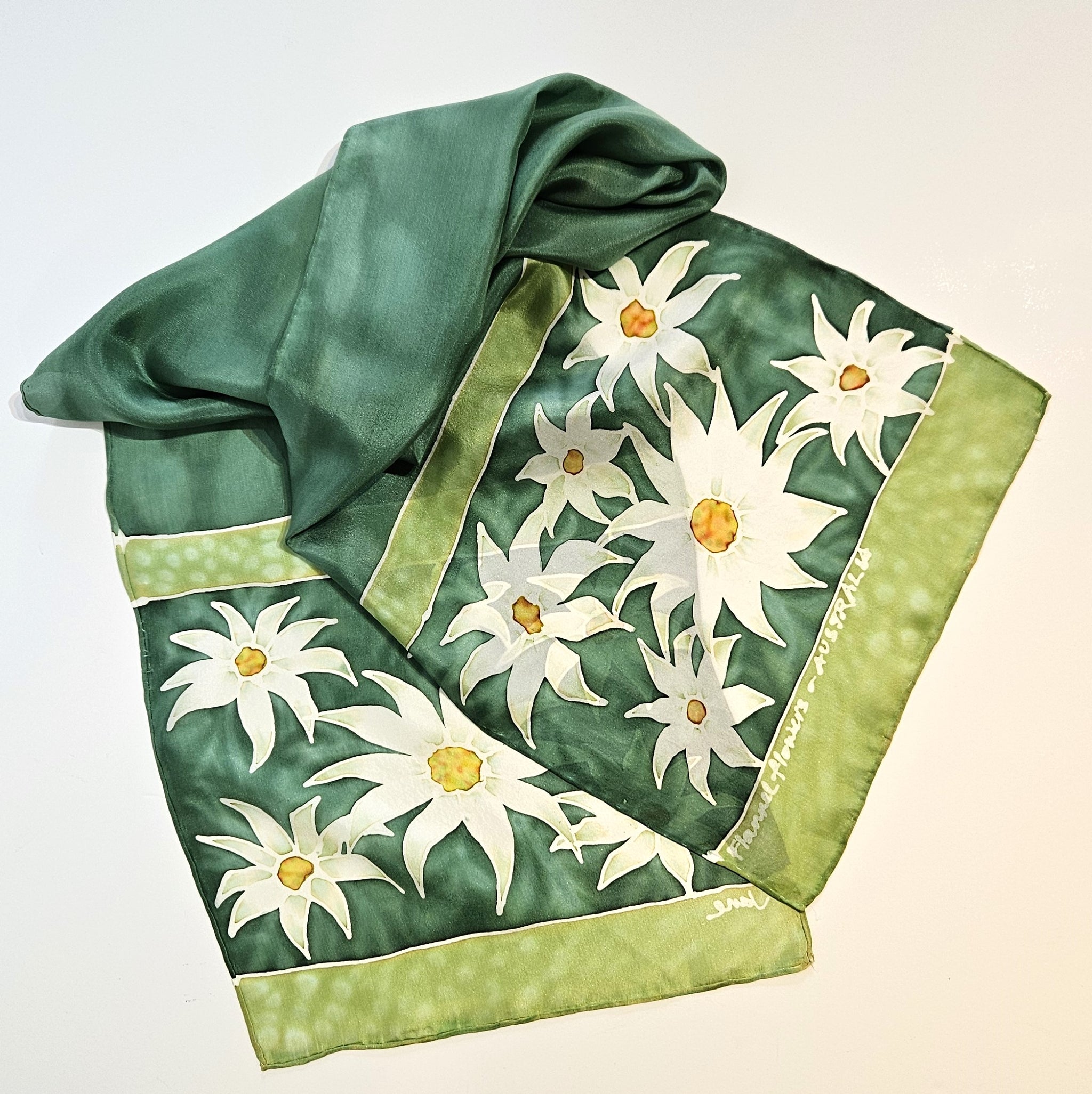 "Flannel Flowers" hand painted long silk scarf by Jane Hinde