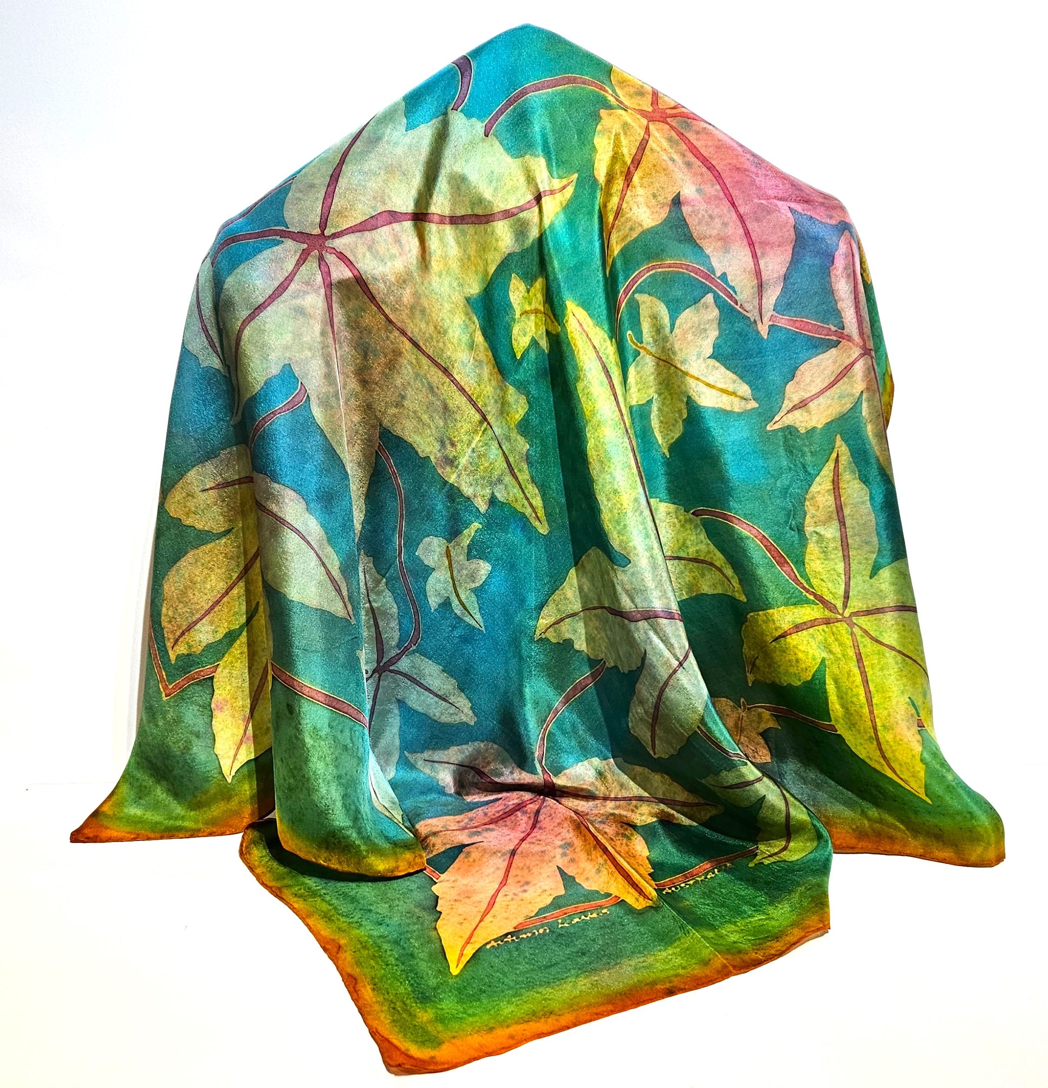 "Autumn Leaves" hand painted square silk scarf by Jane Hinde