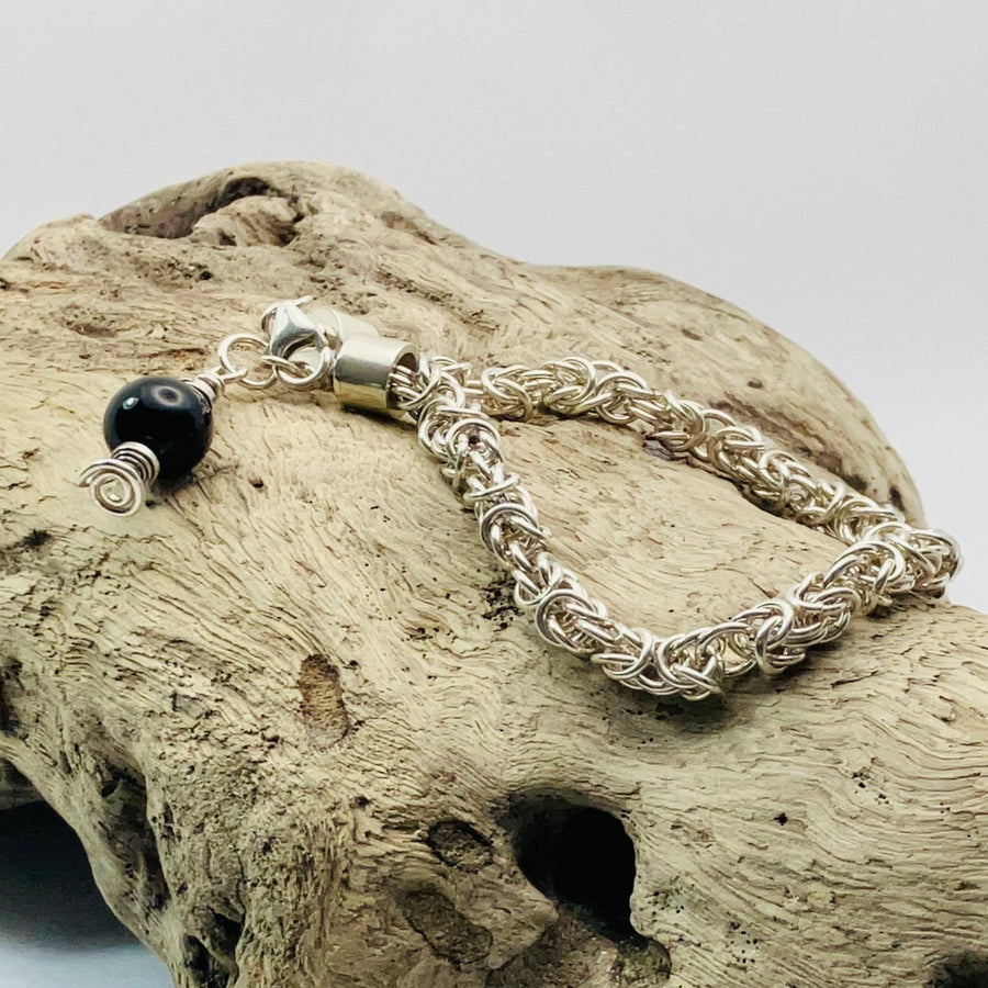 Silver chainmail bracelet handmade by Laura Haszard