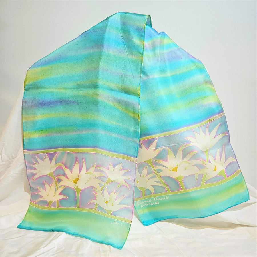 Flannel flowers hand painted long silk scarf by Jane Hinde