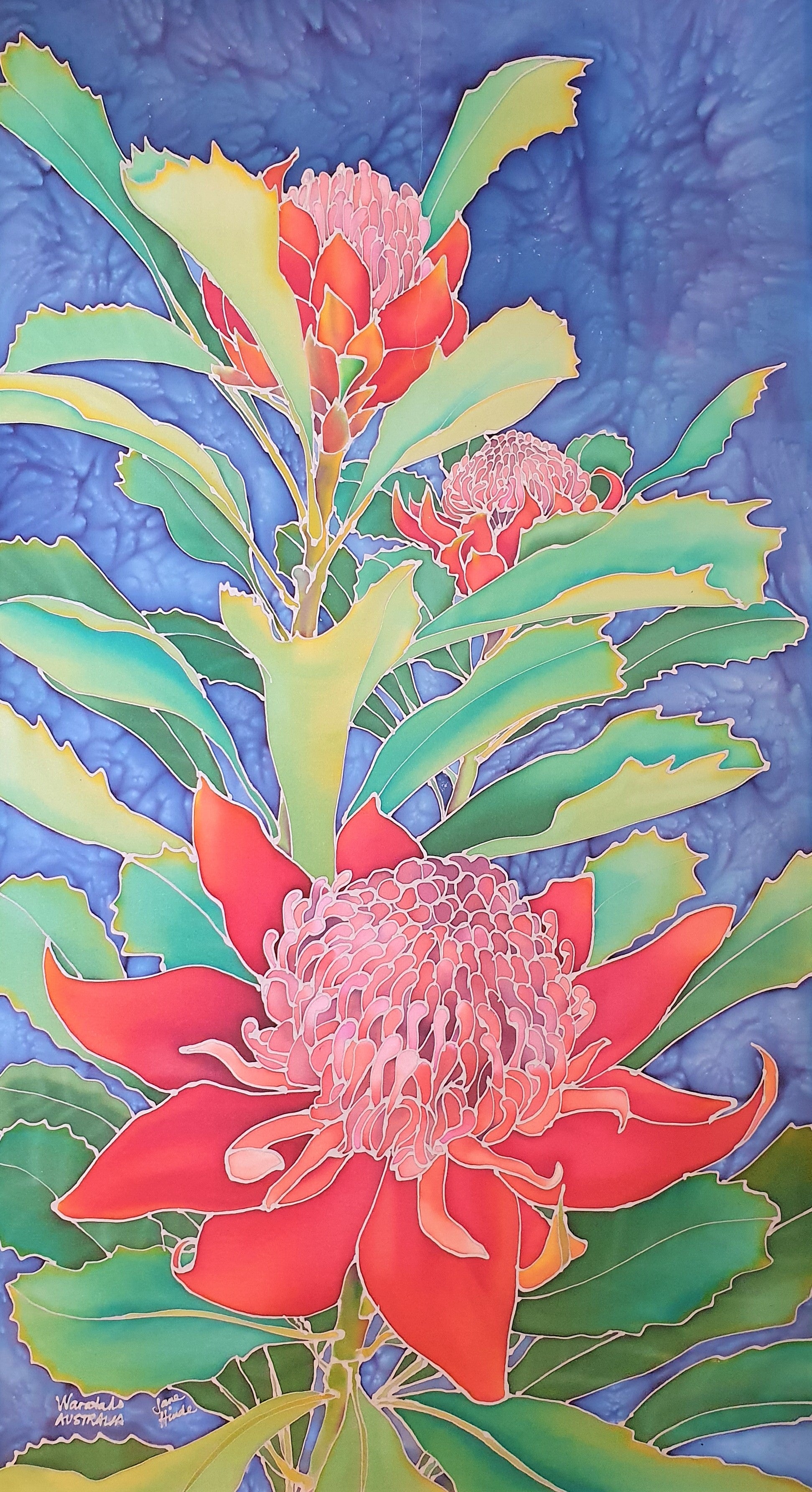 Wallhanging "Waratahs"hand painted on silk by Jane Hinde
