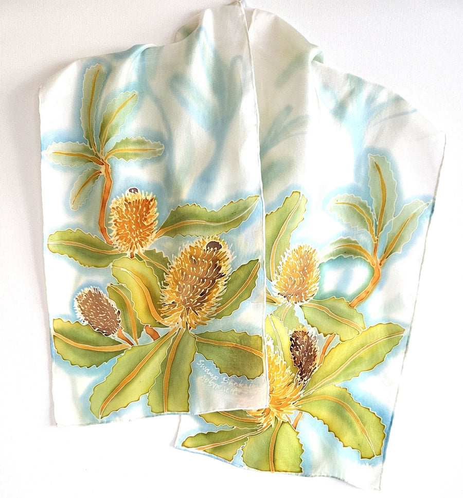 "Swamp Banksia" hand painted long silk scarf by Jane Hinde