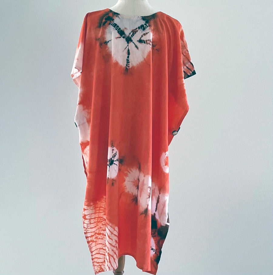 Tangerine, black and white Shibori tabard by Neelam Singhal