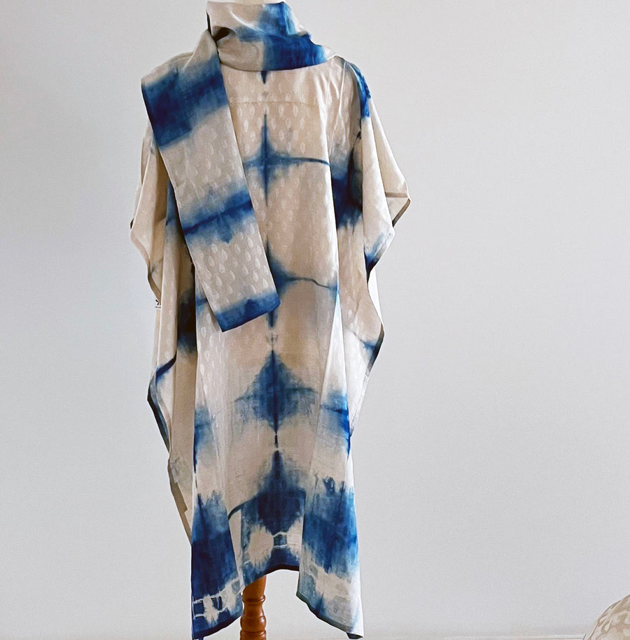 Electric blue Shibori silk cape with stole by Neelam Singhal