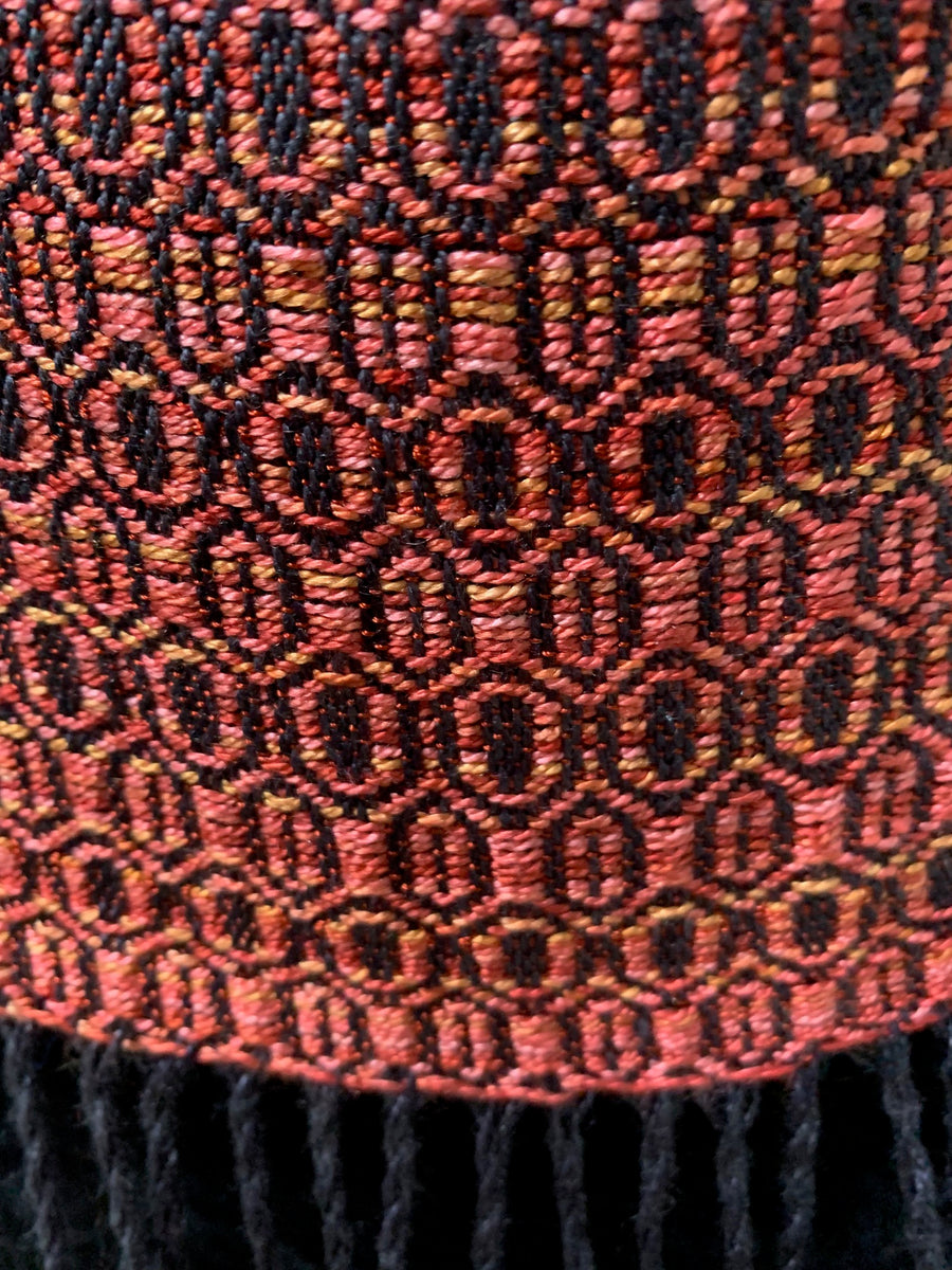 Helen Wilder, hand dyed silk scarf, Aztec-like pattern