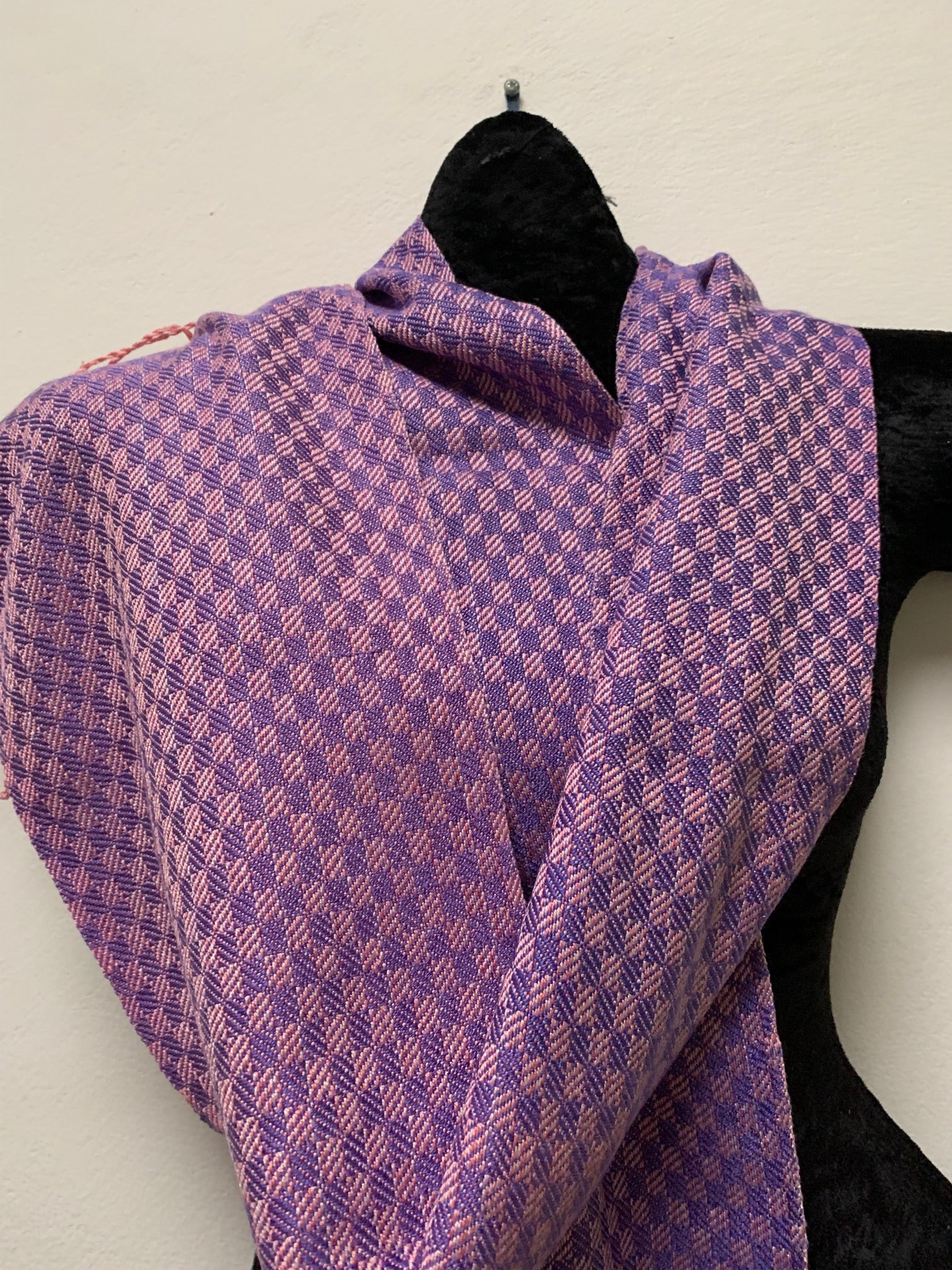 Helen Wilder, hand dyed, handwoven purple and pink silk scarf
