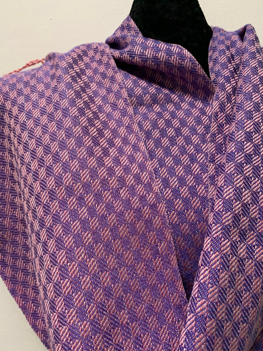 Helen Wilder, hand dyed, handwoven purple and pink silk scarf