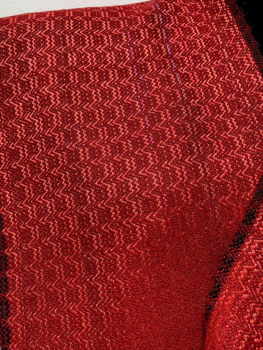 Helen Wilder, red, orange and black striped handwoven silk scarf