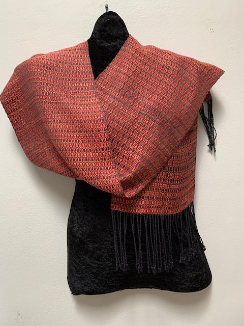 Helen Wilder, hand dyed silk scarf, Aztec-like pattern
