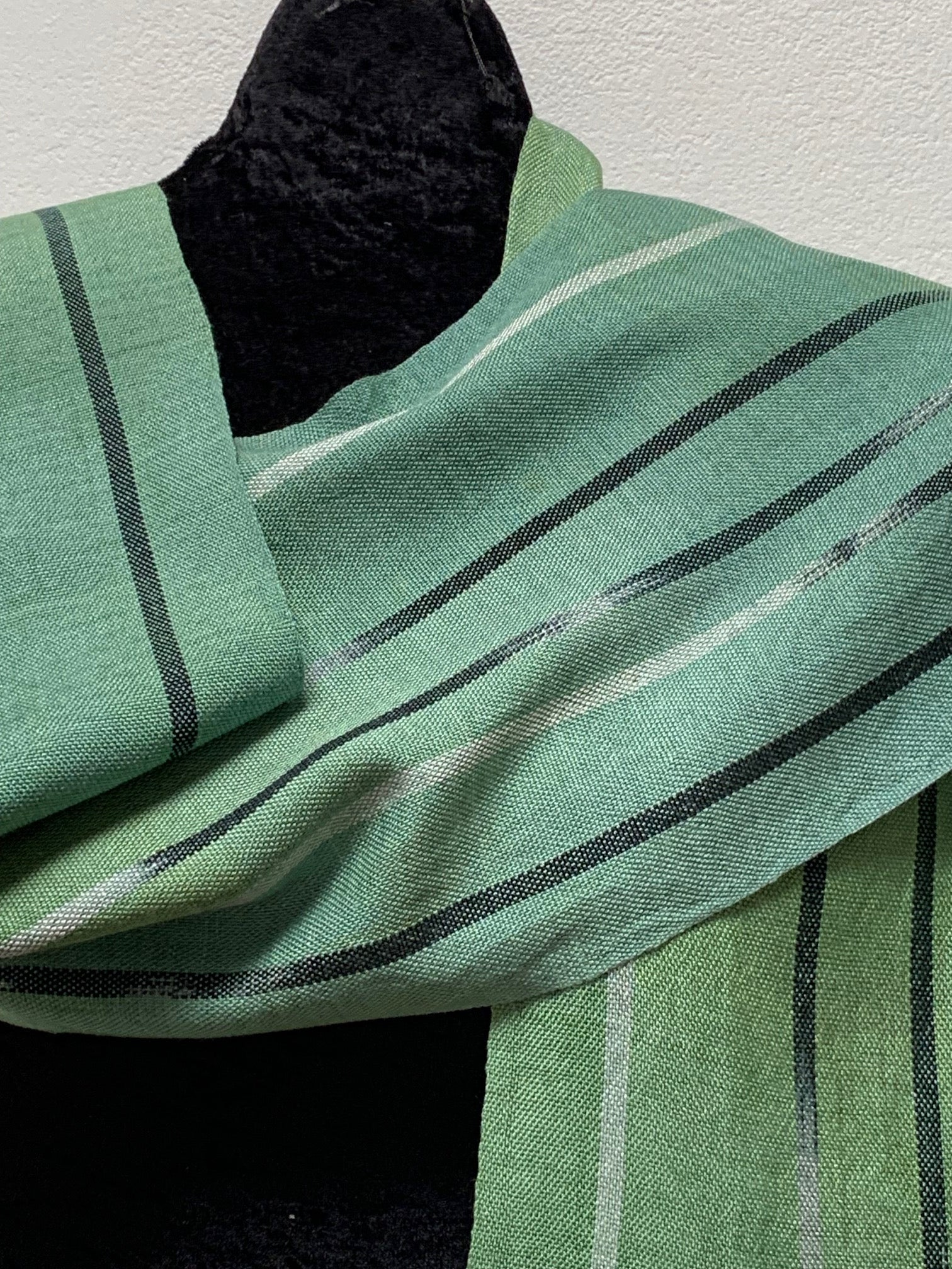 Helen Wilder handwoven silk scarf, green, black and white