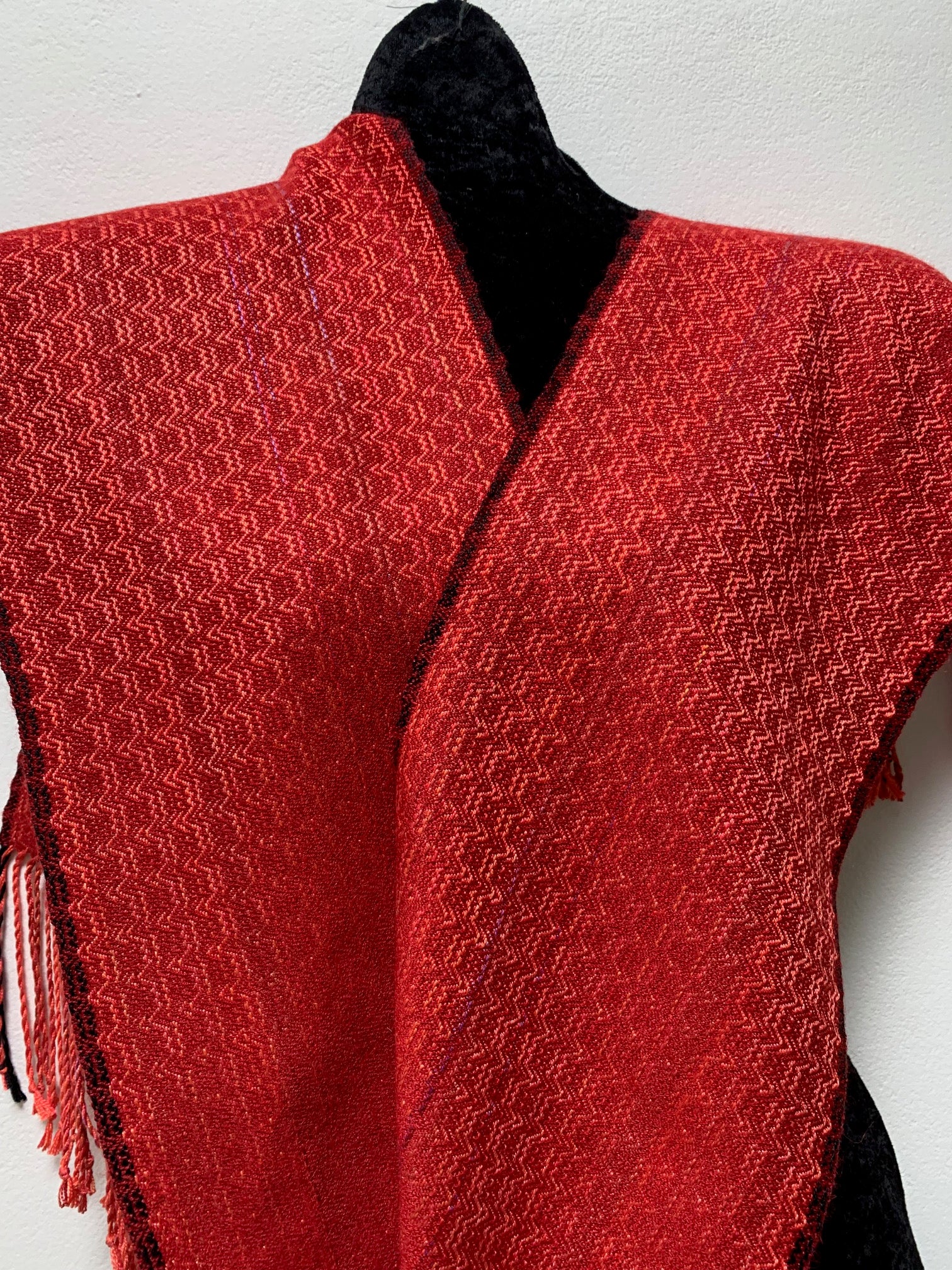 Helen Wilder, red, orange and black striped handwoven silk scarf