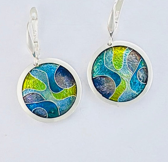 Cloisonné abstract enamelled earrings handmade by Laura Haszard
