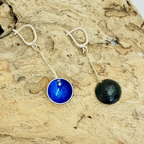 Long drop enamelled cup earrings  handcrafted by Laura Haszard