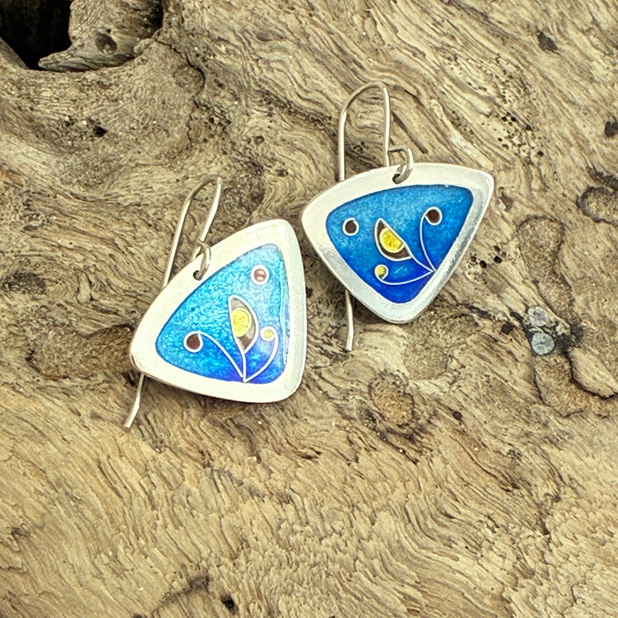 Cloisonné enamelled earrings handcrafted by Laura Haszard