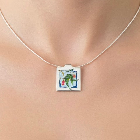 ‘Red Gum‘ Cloisonné enamel pendant on omega chain handcrafted by Laura Haszard
