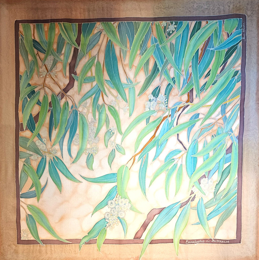 "Eucalyptus" hand painted large square silk scarf by Jane Hinde