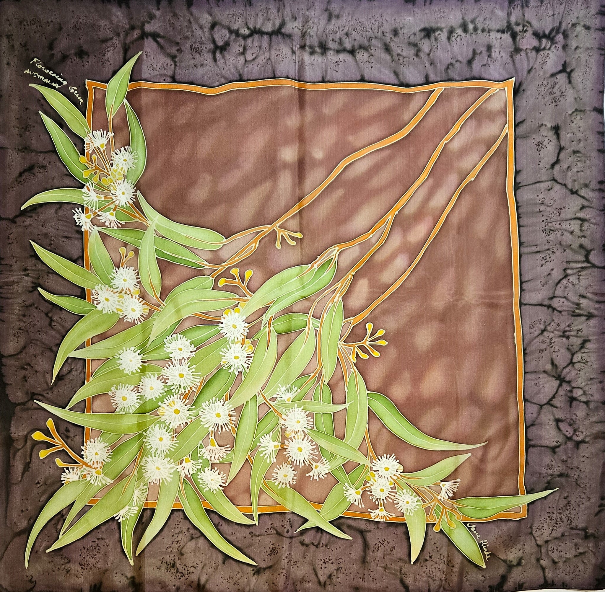 "Flowering Gum" hand painted square silk scarf by Jane Hinde