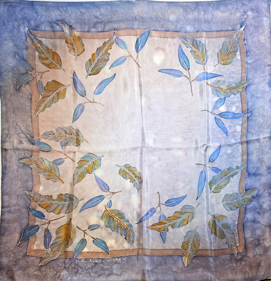 "Gum Leaves" hand painted square silk scarf by Jane Hinde