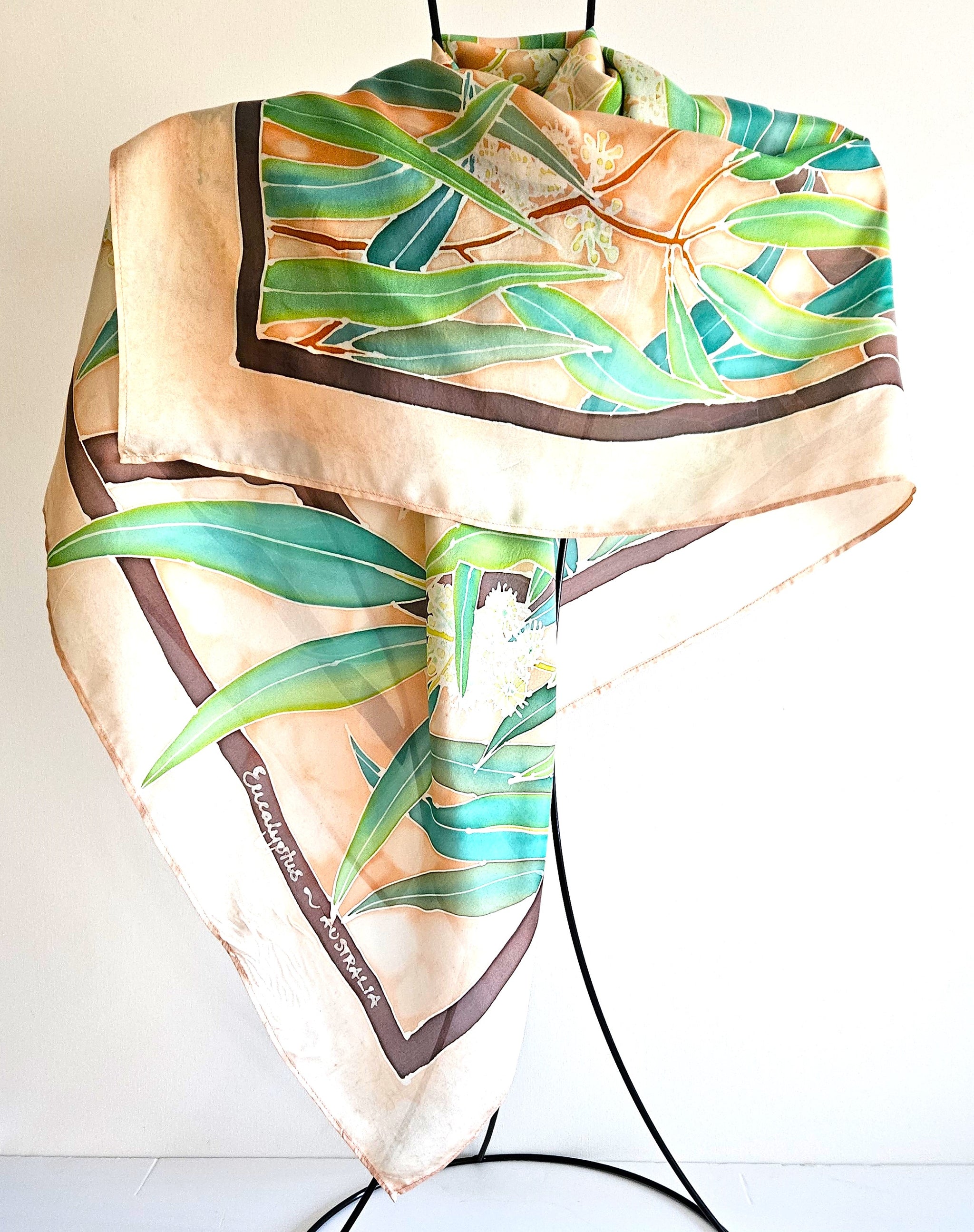 "Eucalyptus" hand painted large square silk scarf by Jane Hinde