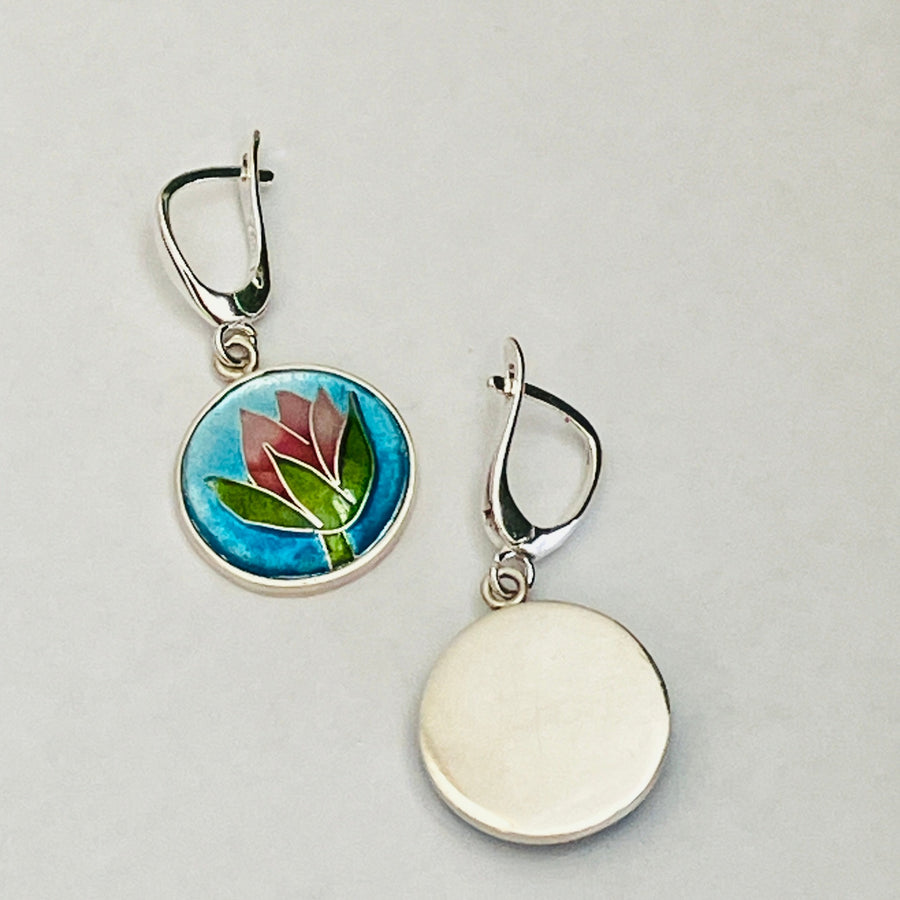Silver and cloisonné enamel earrings handmade by Laura Haszard