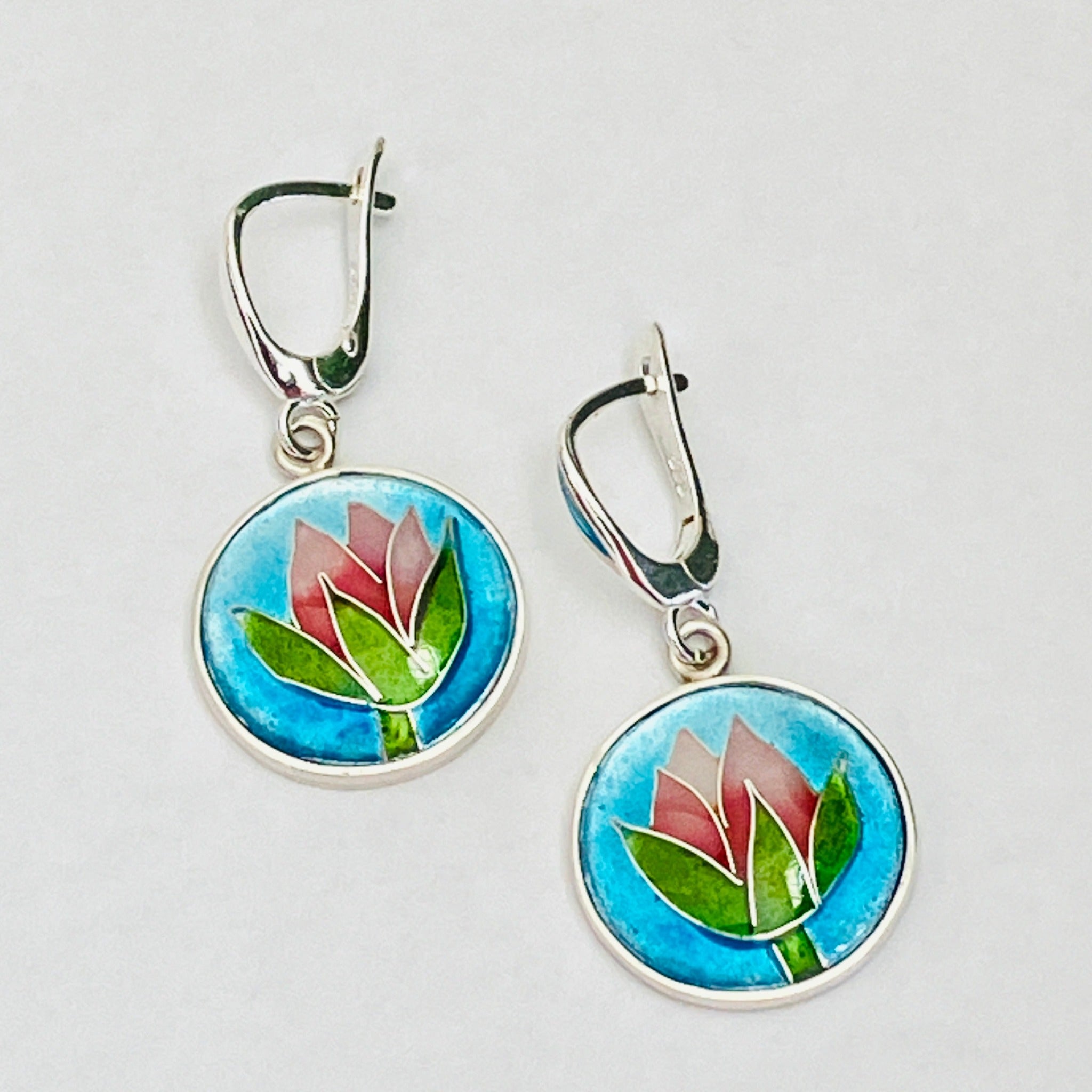 Silver and cloisonné enamel earrings handmade by Laura Haszard