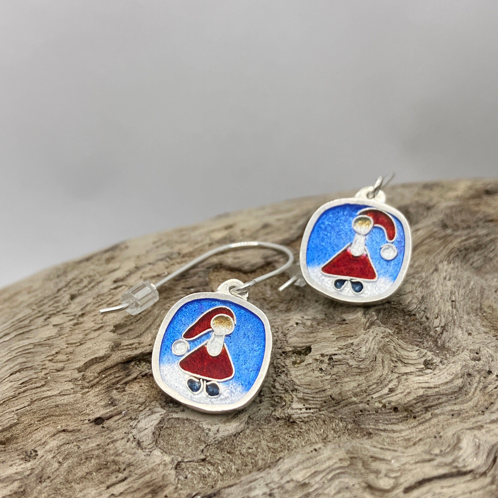 Cloisonne Santa earrings handmade by Laura Haszard