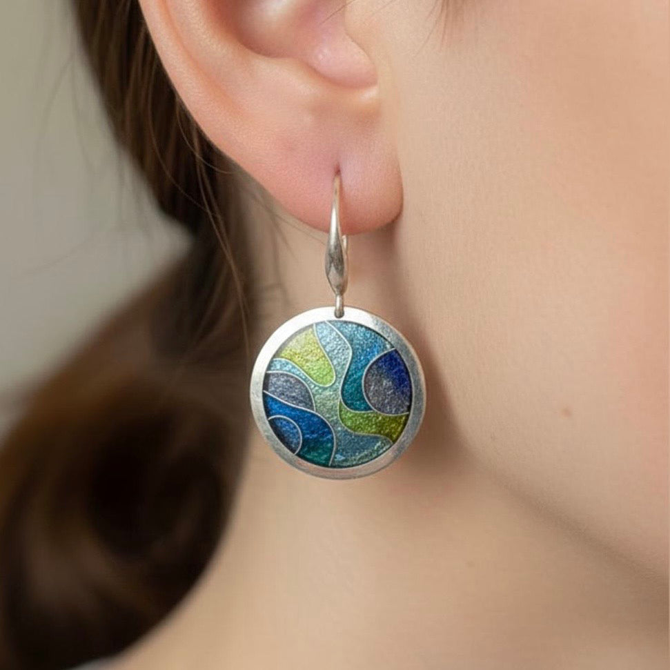 Cloisonné abstract enamelled earrings handmade by Laura Haszard