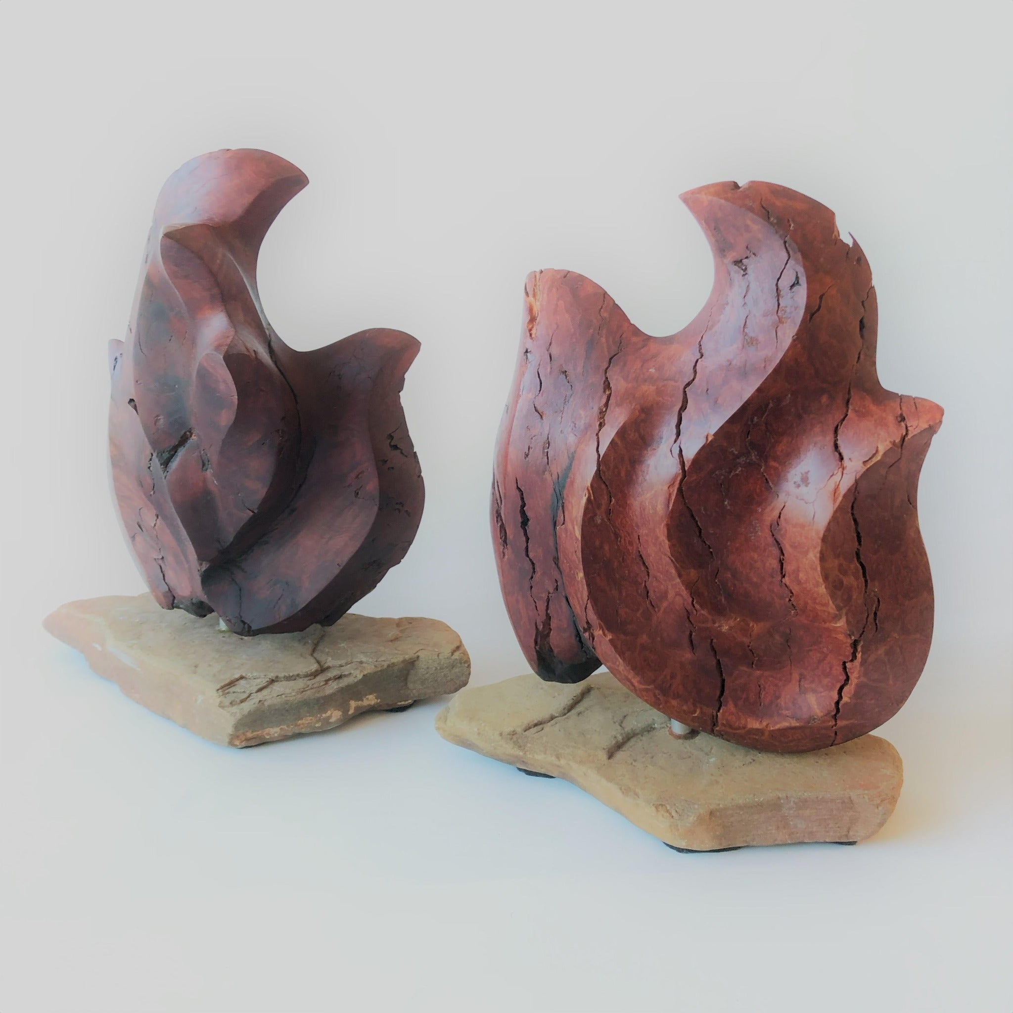 Pair Wood Flame Sculptures hand carved by Leon Straker