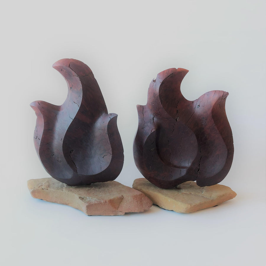 Pair Wood Flame Sculptures hand carved by Leon Straker