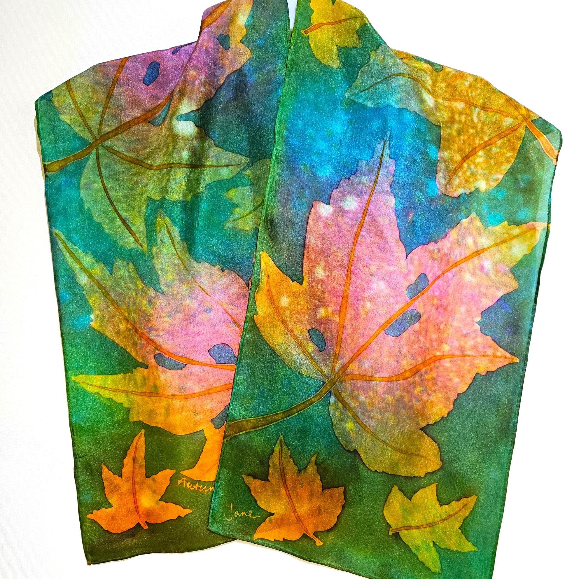 "Autumn Leaves" hand painted silk scarf handmade by Jane Hinde