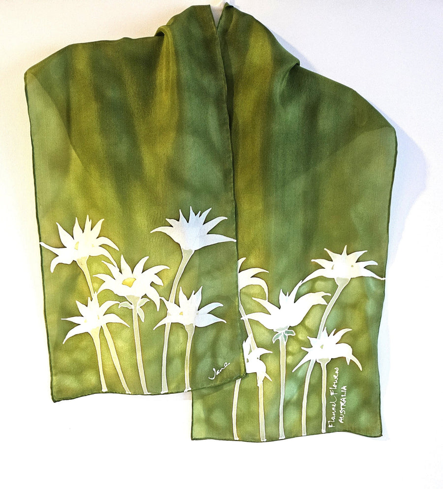 "Flannel Flowers" Hand painted long Silk Scarf by Jane Hinde