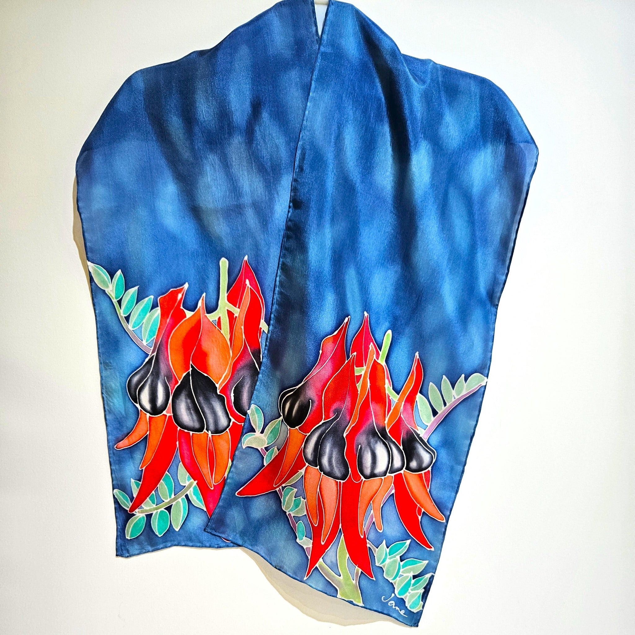 " Sturt's Desert pea" hand painted silk scarf handmade by Jane Hinde. 