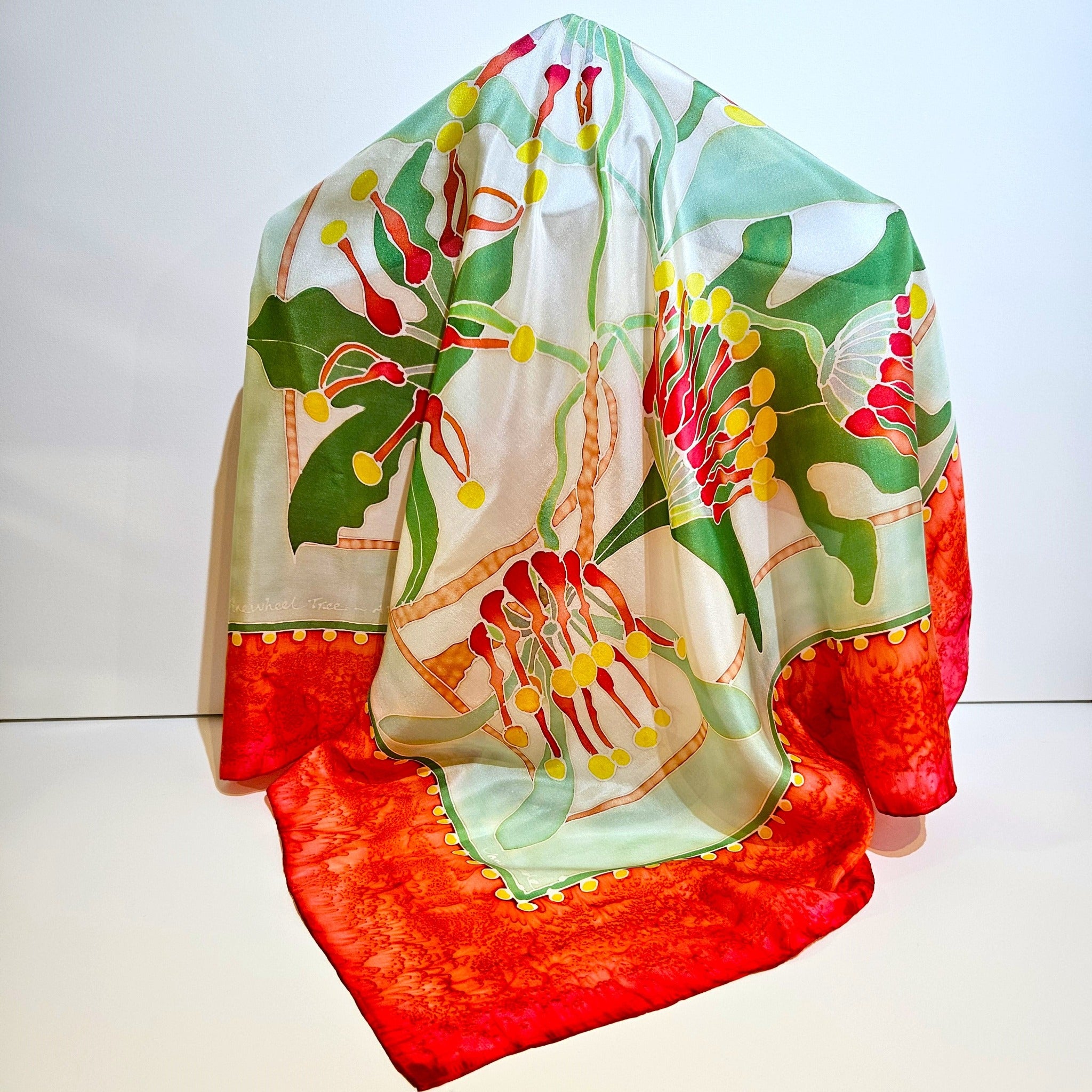 " Firewheel Tree" handpainted square silk scarf by Jane Hinde.
