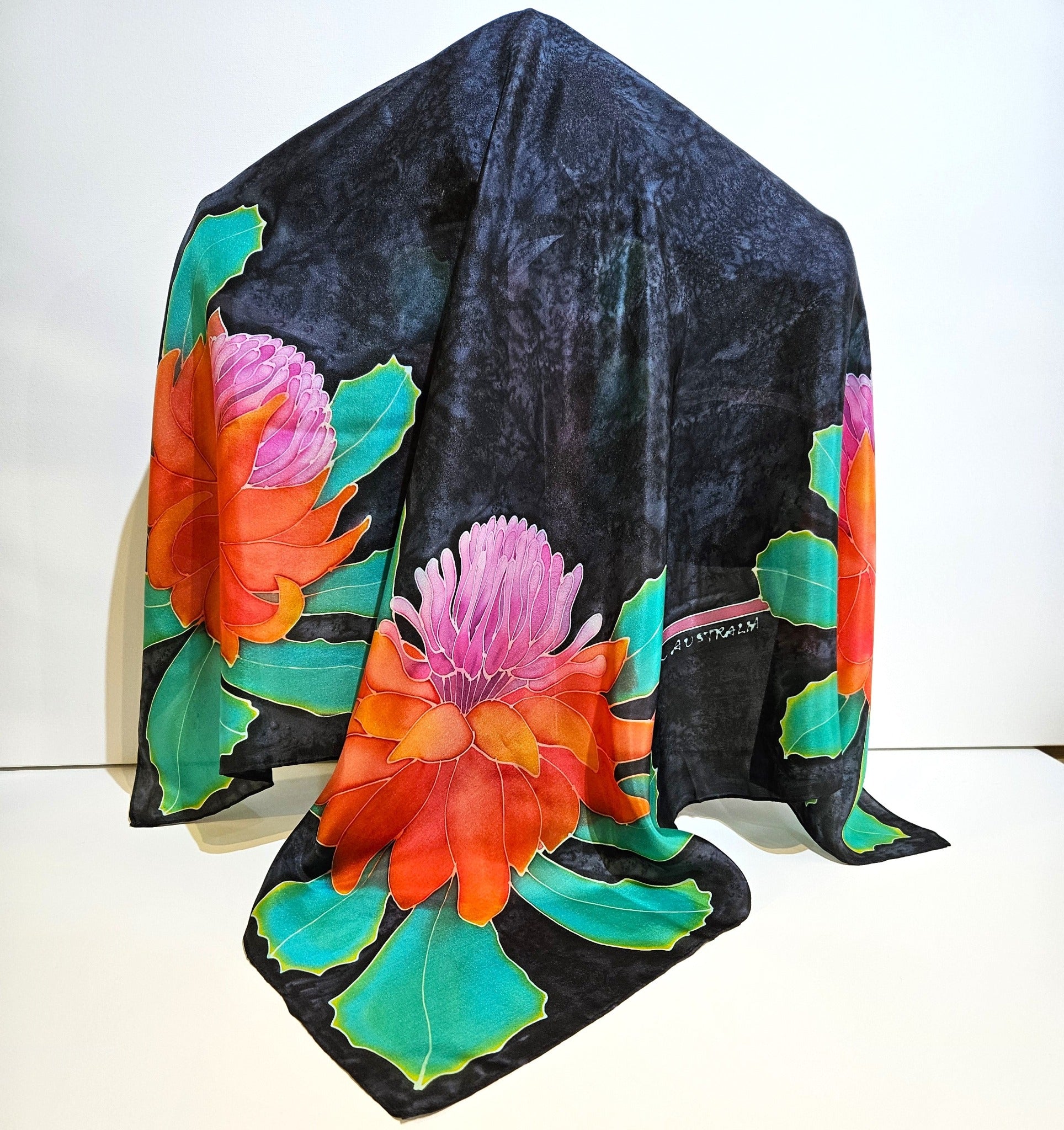 "Waratah on Black" handpainted silk scarf by Jane Hinde. 