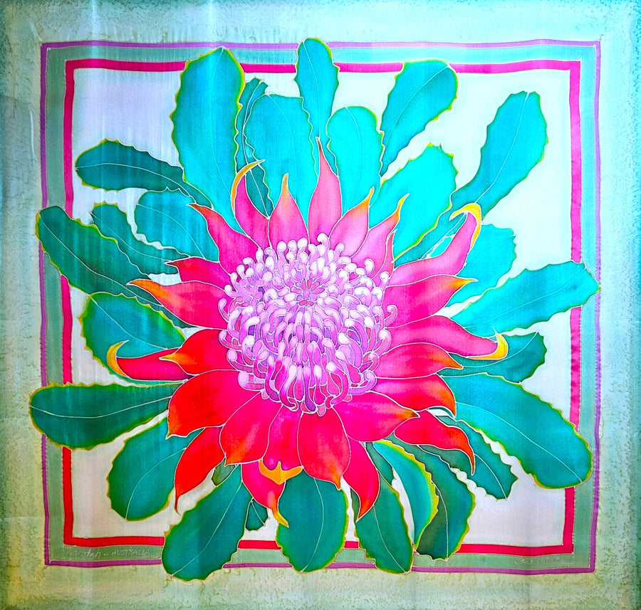 Waratah Hand painted square silk Scarf by Jane Hinde