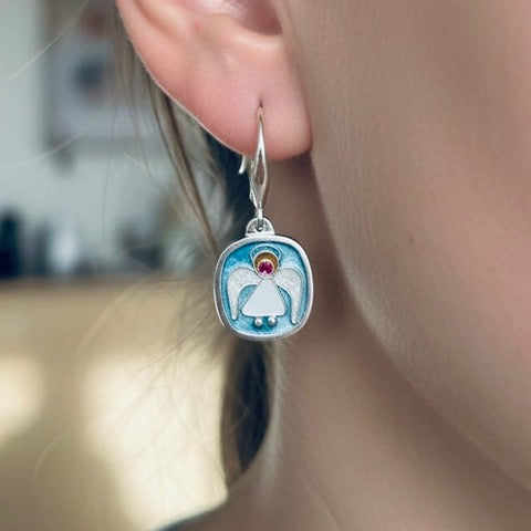 ‘Angel” Cloisonné enamelled earrings handcrafted by Laura Haszard