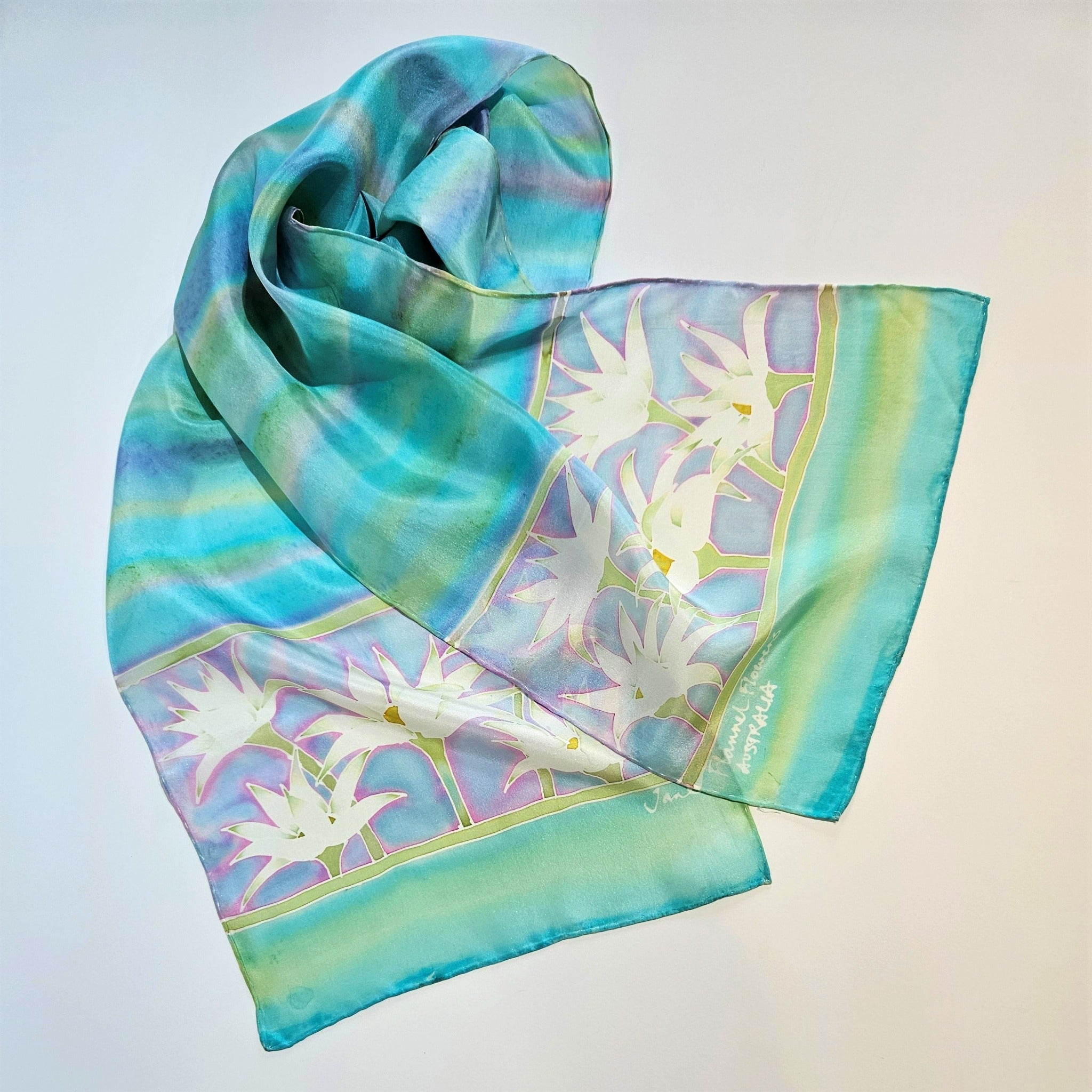 Flannel flowers hand painted long silk scarf by Jane Hinde