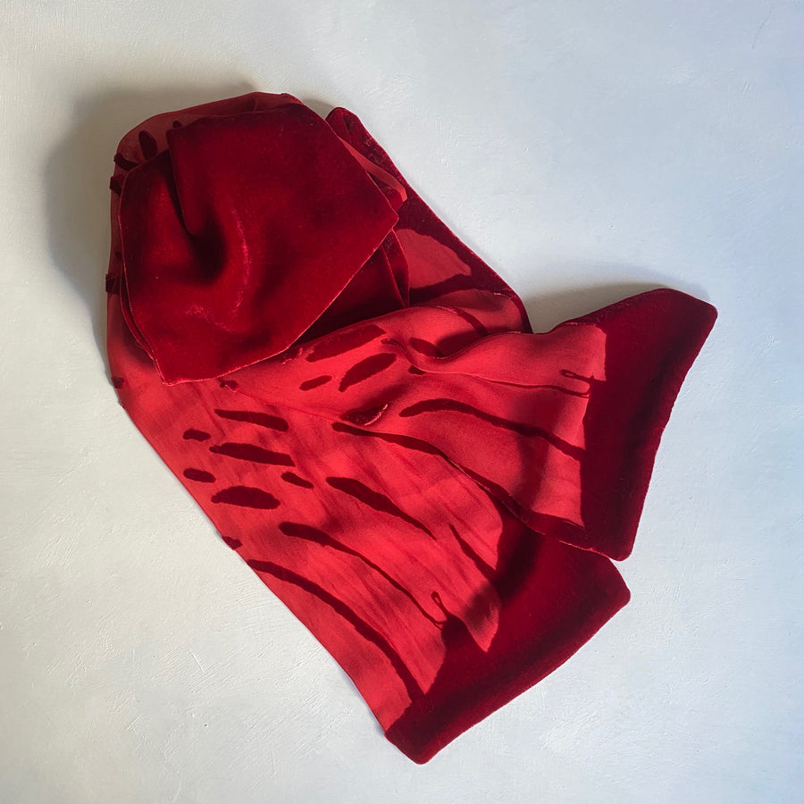 Red velvet devore scarf by Carolyn Cabena