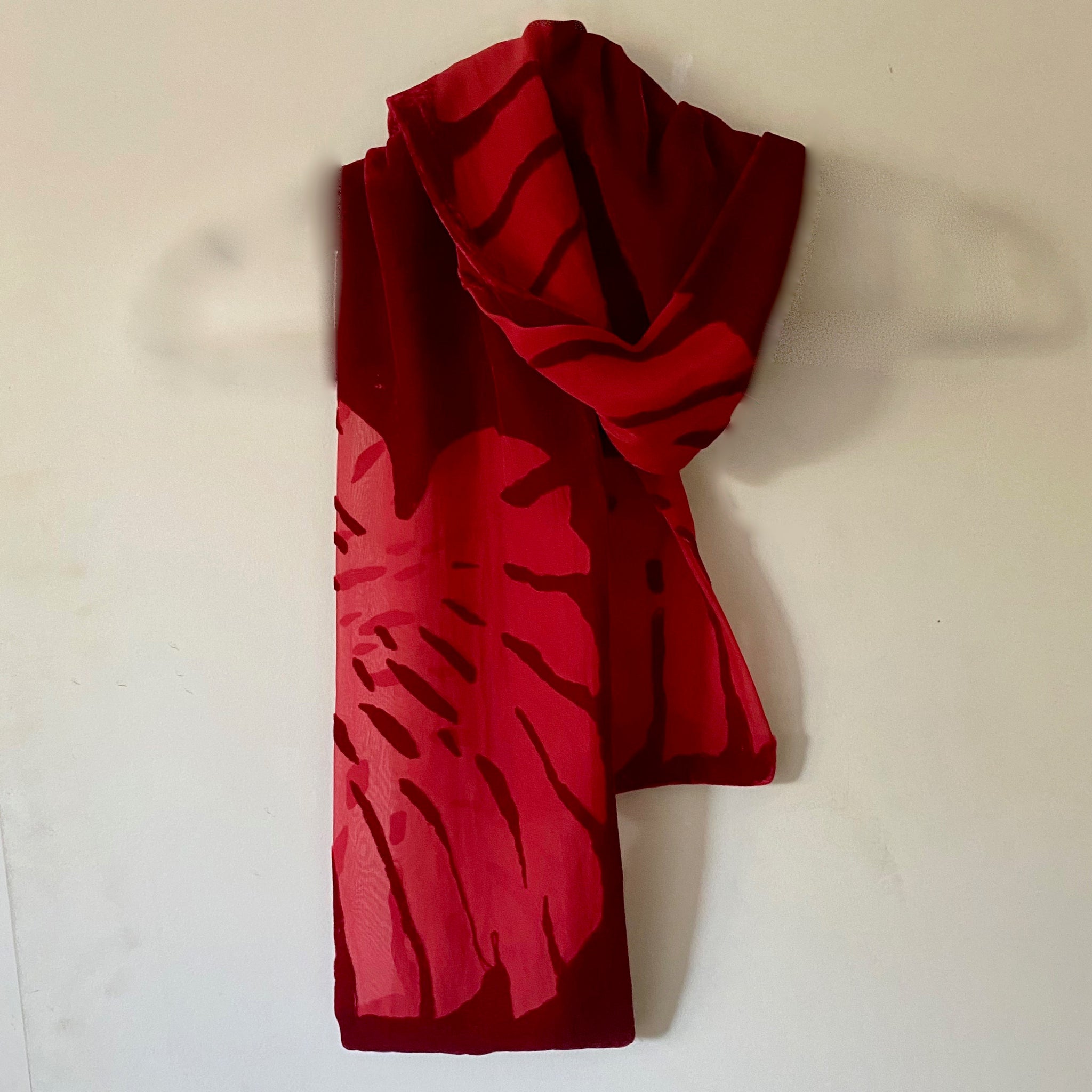 Red velvet devore scarf by Carolyn Cabena