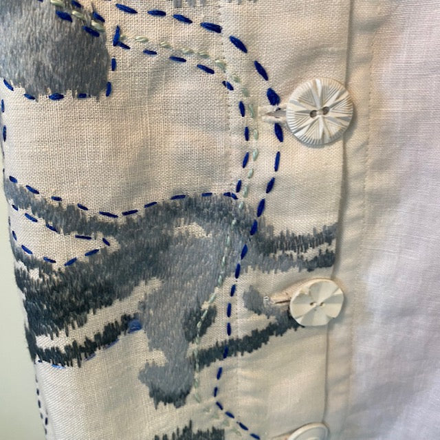 Detail of embroidered linen jacket handmade by Lynne Ambler
