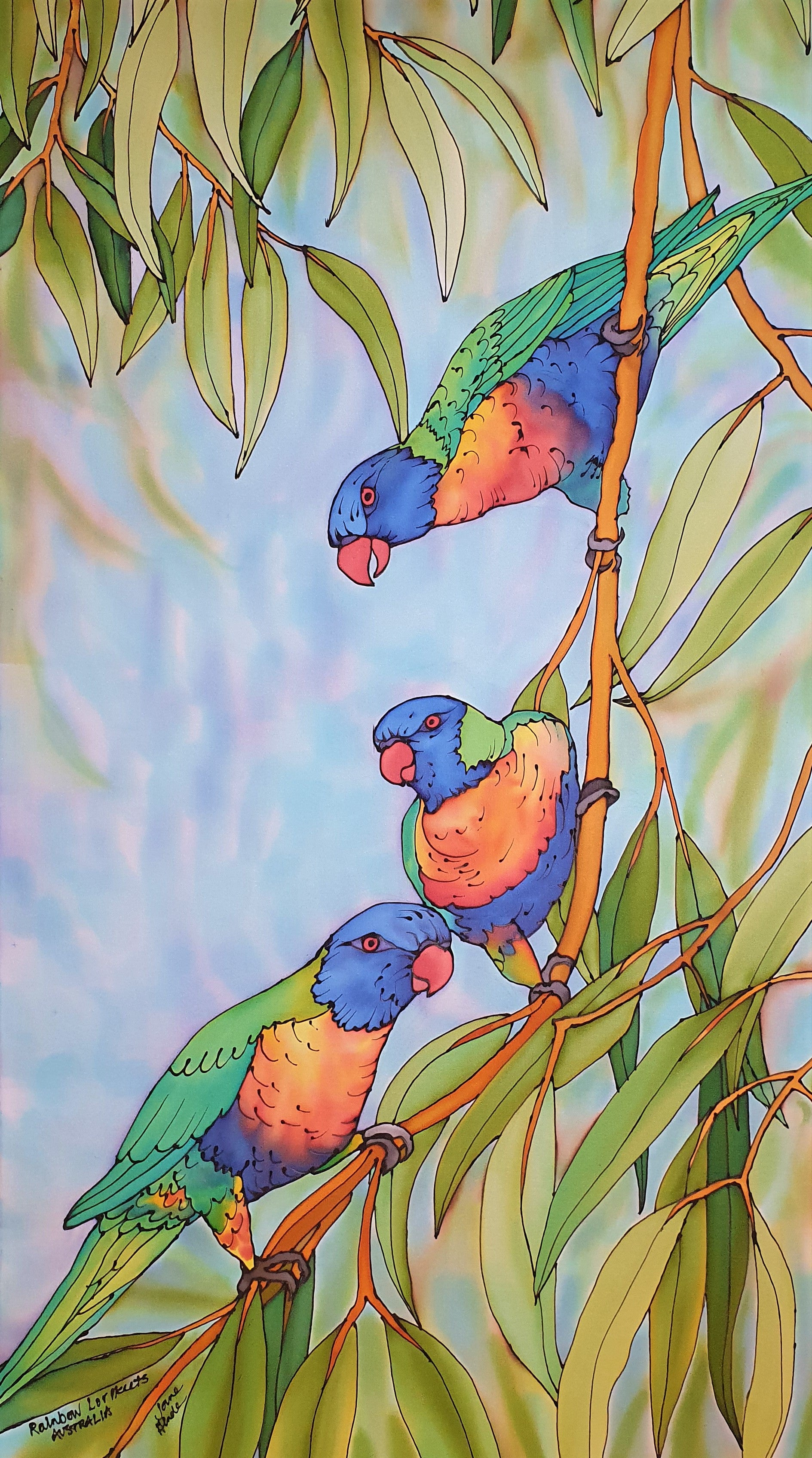 Silk Wallhanging "Rainbow Lorikeets" hand painted by Jane Hinde